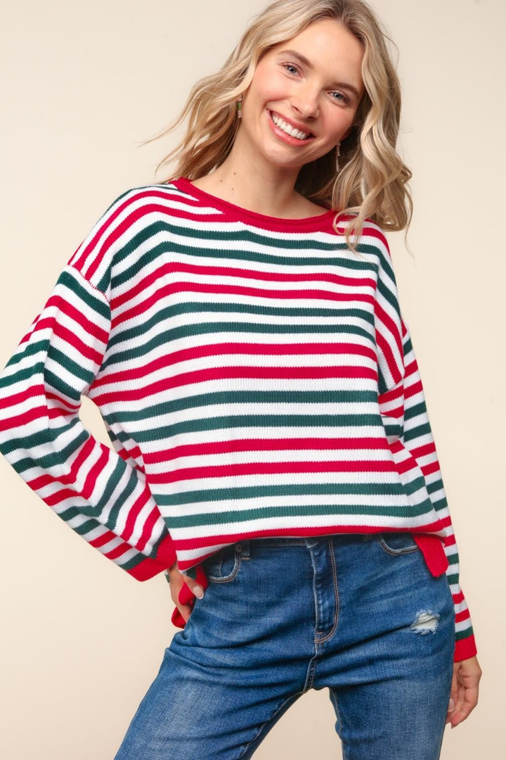 Haptics Full Size Striped Contrast Side Slit Knit Top-Sweaters/Sweatshirts-Inspired by Justeen-Women's Clothing Boutique