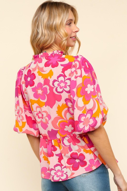 Haptics Full Size Frill Floral Puff Sleeve Blouse-100 Short Sleeve Tops-Inspired by Justeen-Women's Clothing Boutique