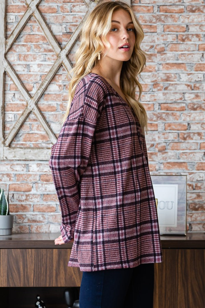 Heimish Full Size Plaid V-Neck Long Sleeve Top-110 Long Sleeve Tops-Inspired by Justeen-Women's Clothing Boutique