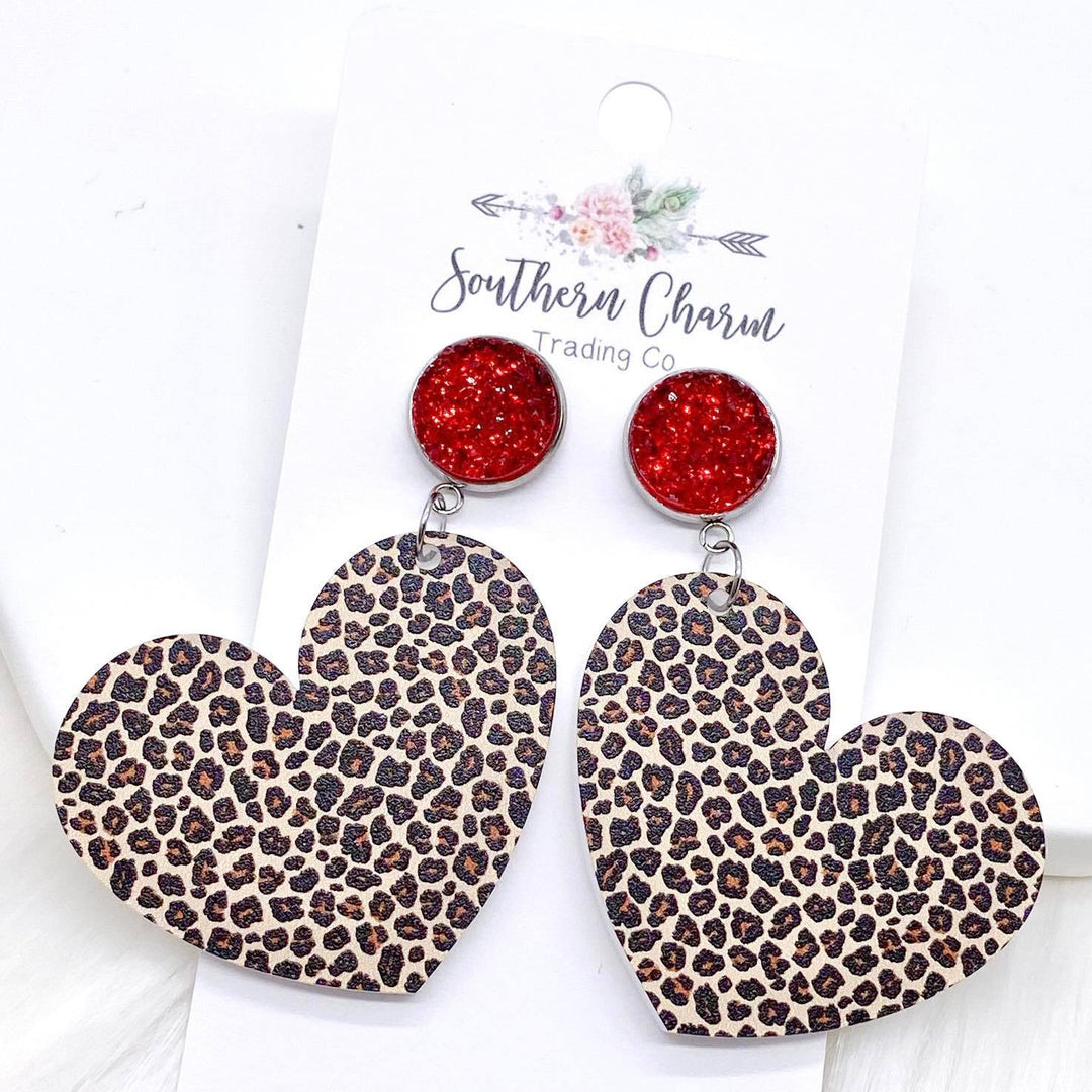 2" Red Sparkles & Leopard Heart Acrylic Valentine Dangles -Earrings-Inspired by Justeen-Women's Clothing Boutique