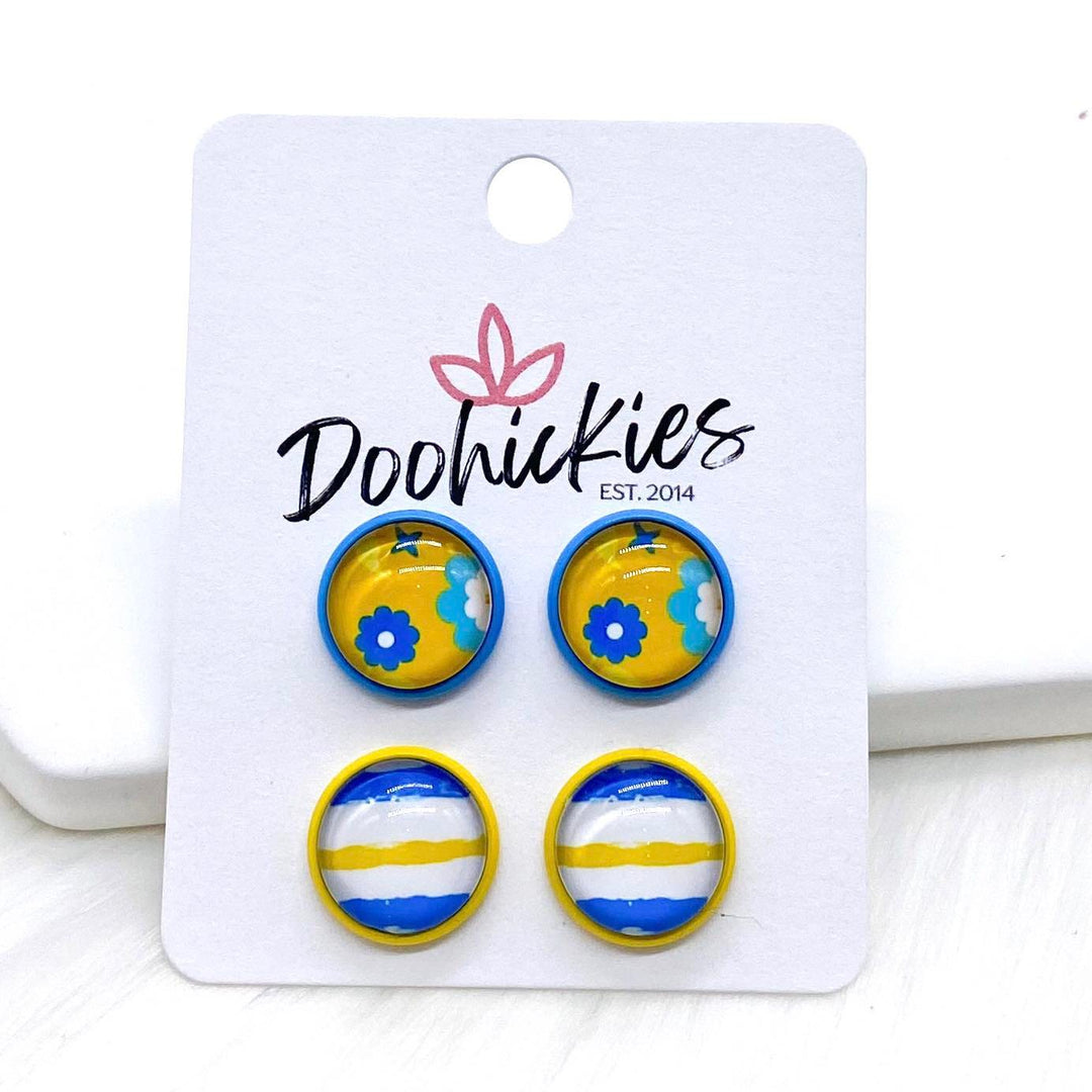 12mm Blue/Yellow Flowers & Lines in Light Blue/Yellow Settings -Earrings-Earrings-Inspired by Justeen-Women's Clothing Boutique