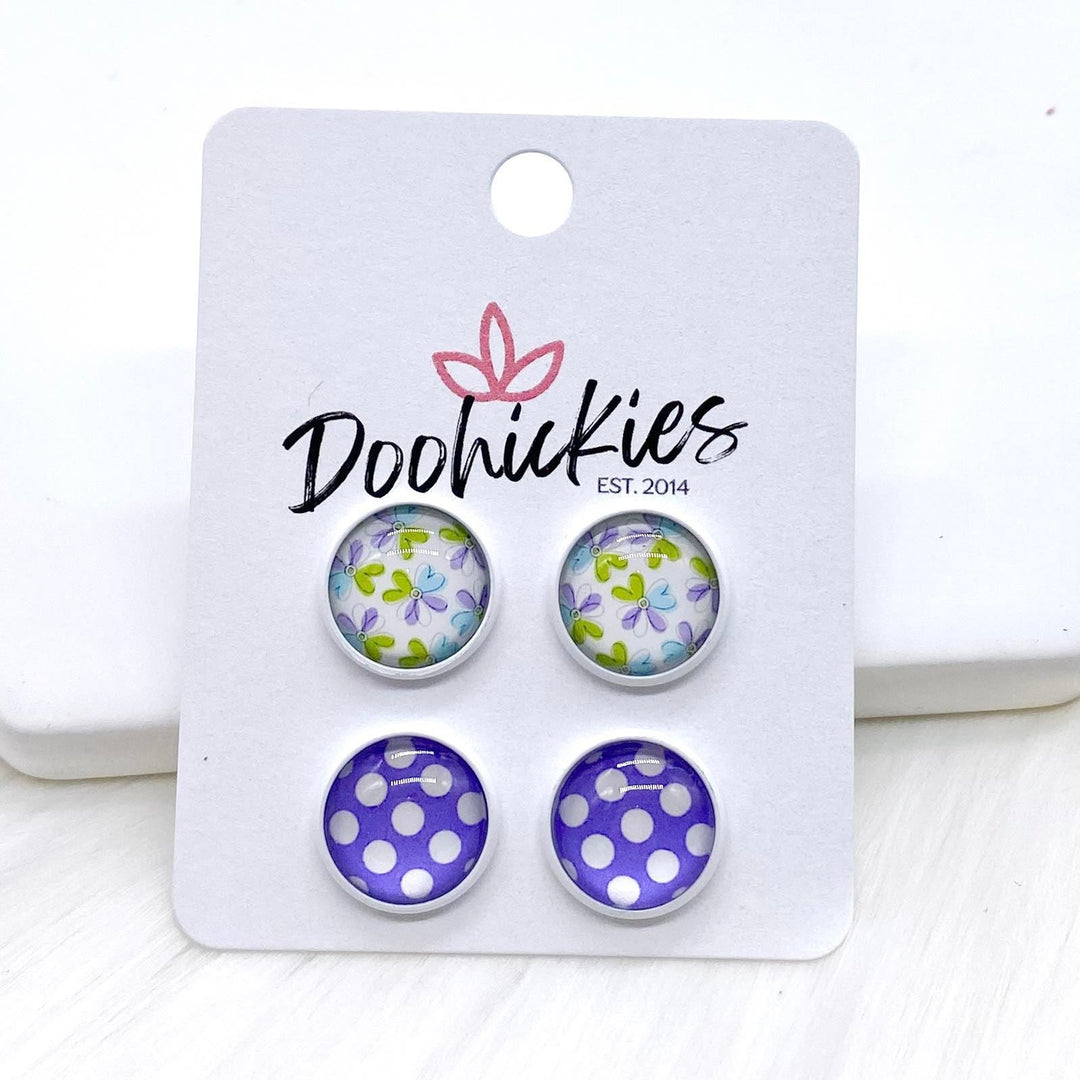 12mm Purple/Pear Green Flowers & Purple Polka Dots in White Settings -Earrings-Earrings-Inspired by Justeen-Women's Clothing Boutique