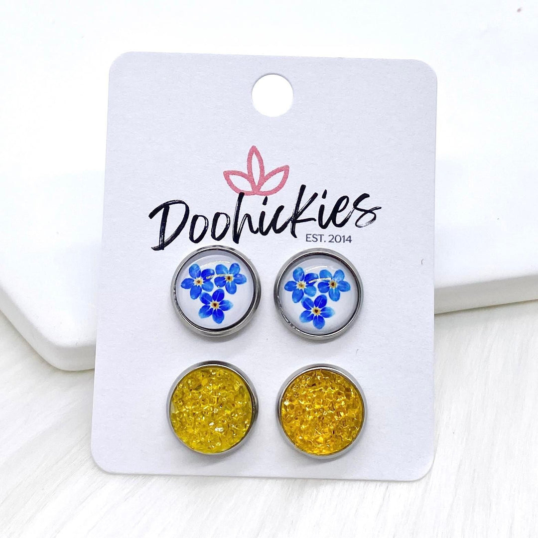 12mm Blue Flowers & Sunshine Sparkles in Stainless Steel Settings -Earrings-Earrings-Inspired by Justeen-Women's Clothing Boutique