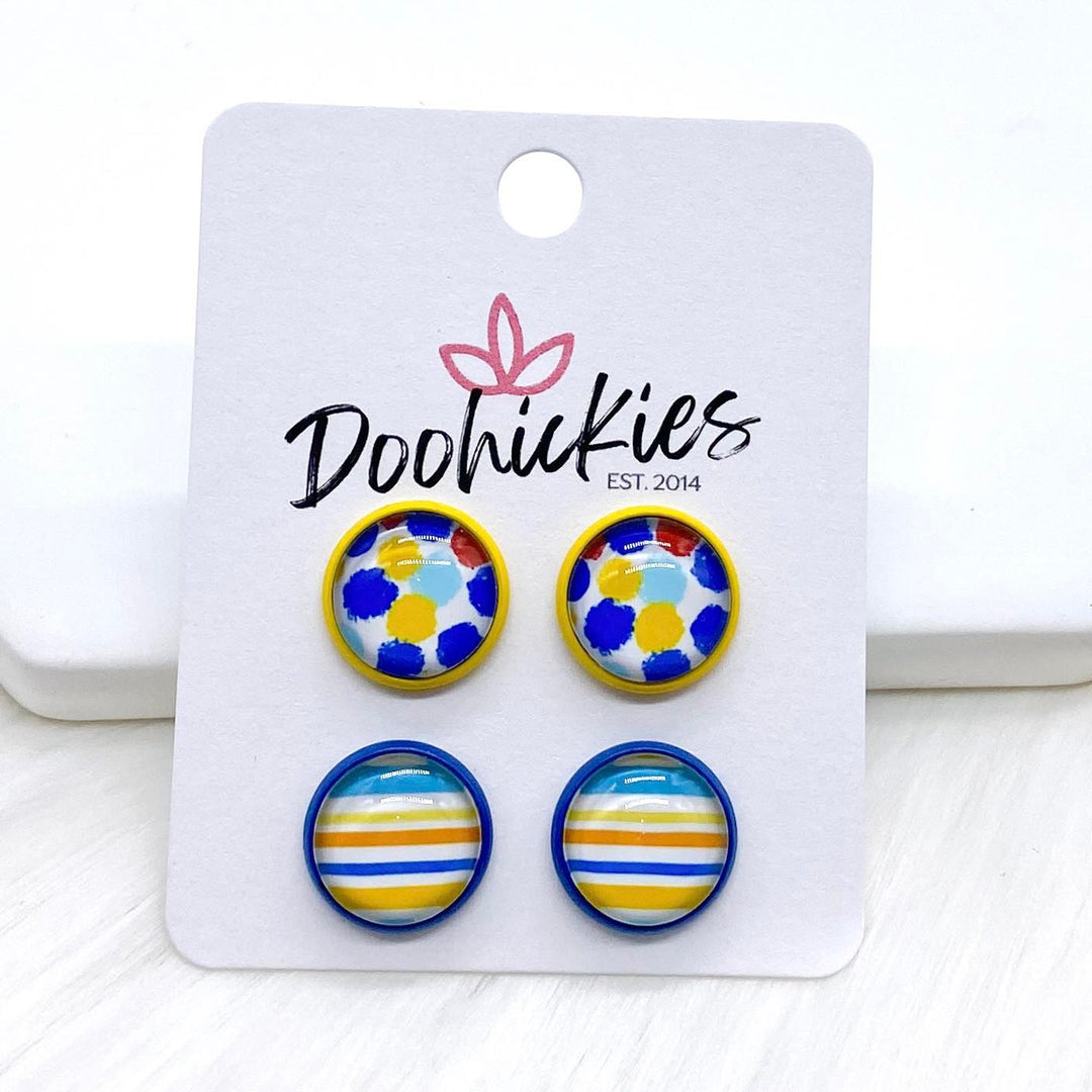 12mm Blue/Yellow Dots & Lines in Yellow/Blue Settings -Earrings-Earrings-Inspired by Justeen-Women's Clothing Boutique