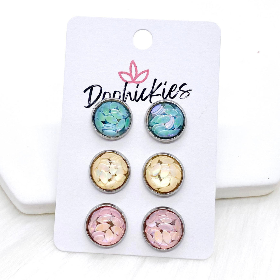 12mm Blue/Cream/Pink Petals in Stainless Steel Settings -Earrings-Earrings-Inspired by Justeen-Women's Clothing Boutique