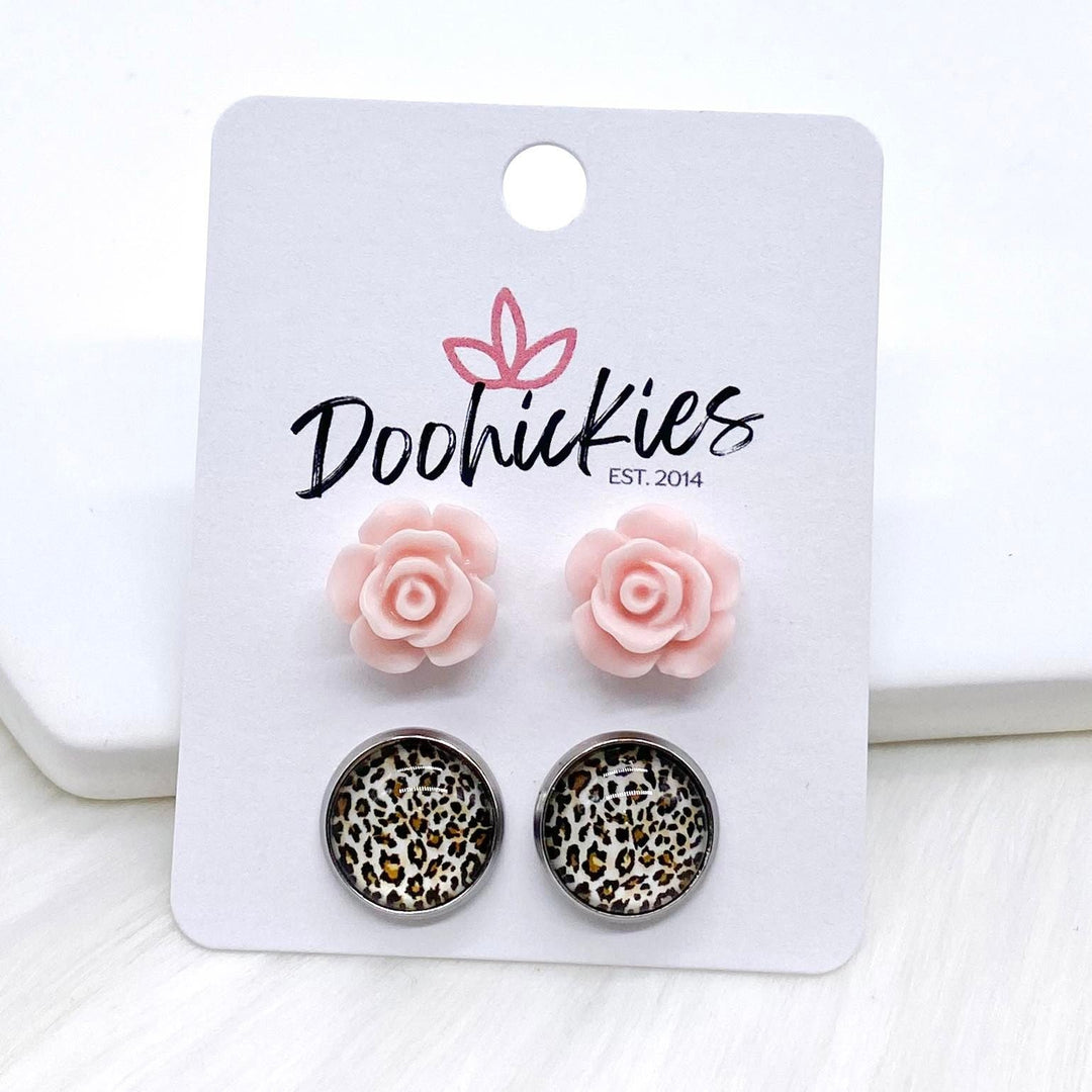 12mm Pink Roses & Tan Leopard in Stainless Steel Settings -Earrings-Earrings-Inspired by Justeen-Women's Clothing Boutique