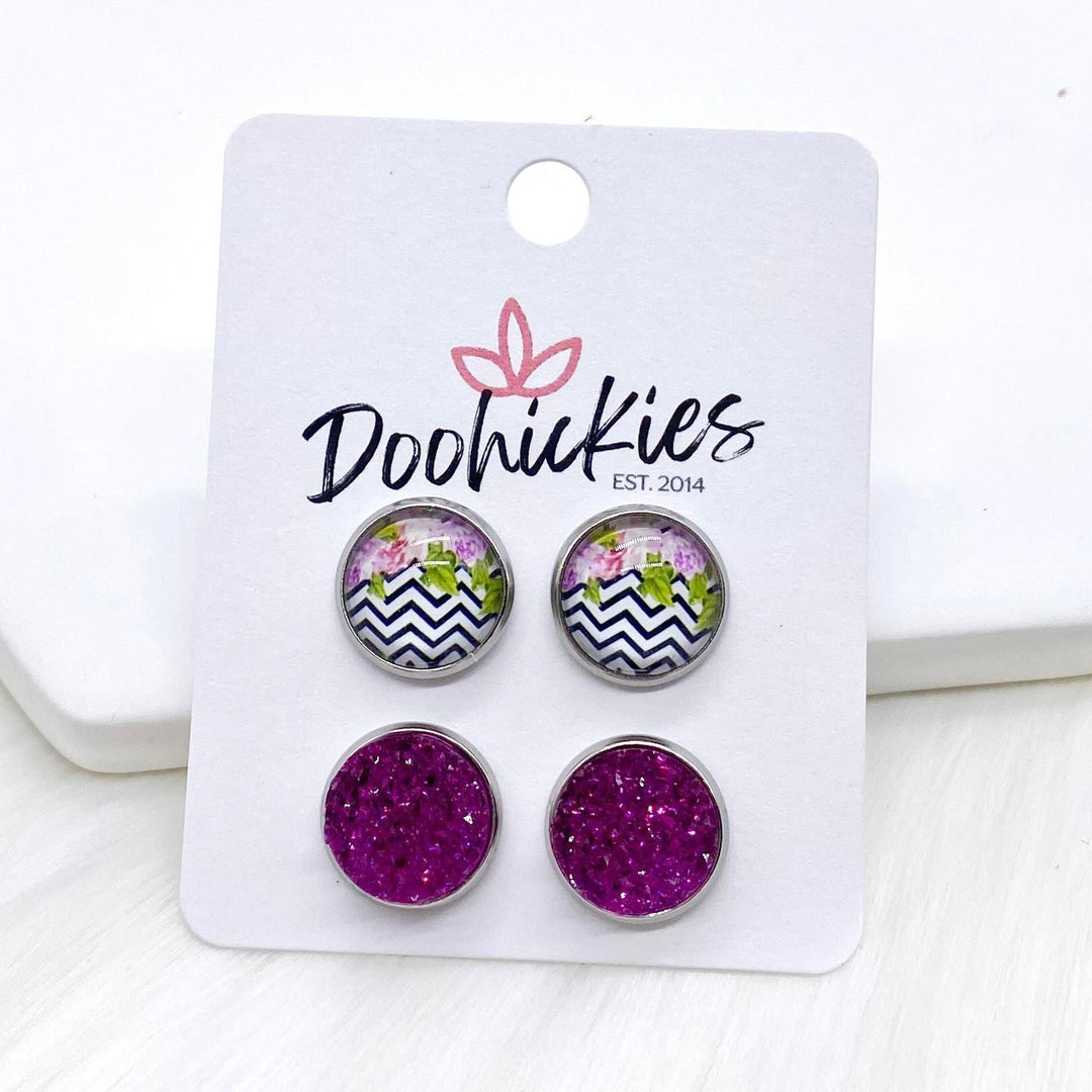 12mm Fuschia Floral/ZigZag & Fuschia Sparkles in Stainless Steel Settings -Earrings-Earrings-Inspired by Justeen-Women's Clothing Boutique