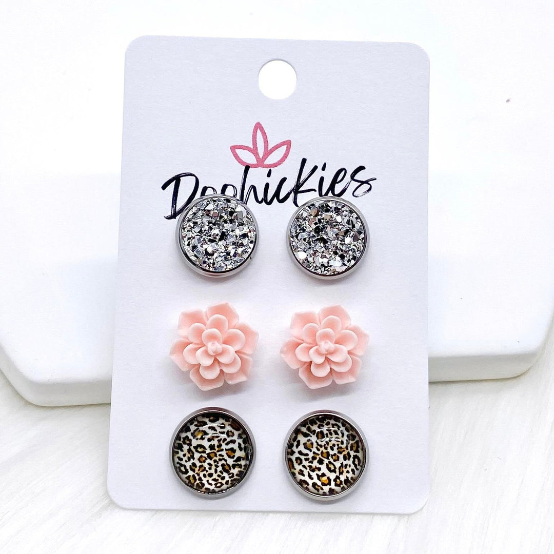 12mm Silver/Pink Succulents/Tan Leopard in Stainless Steel Settings -Earrings-Earrings-Inspired by Justeen-Women's Clothing Boutique