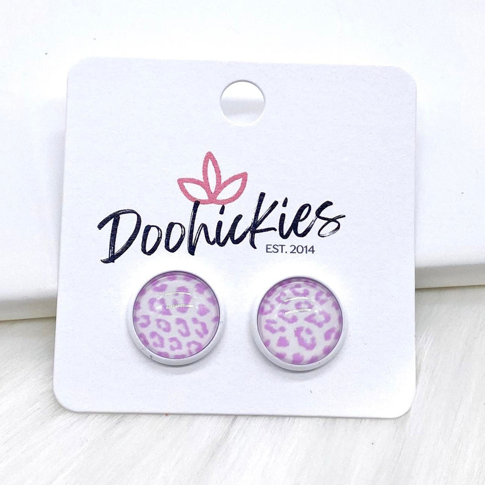 12mm Pastel Leopard Singles in White Settings -Earrings-Earrings-Inspired by Justeen-Women's Clothing Boutique