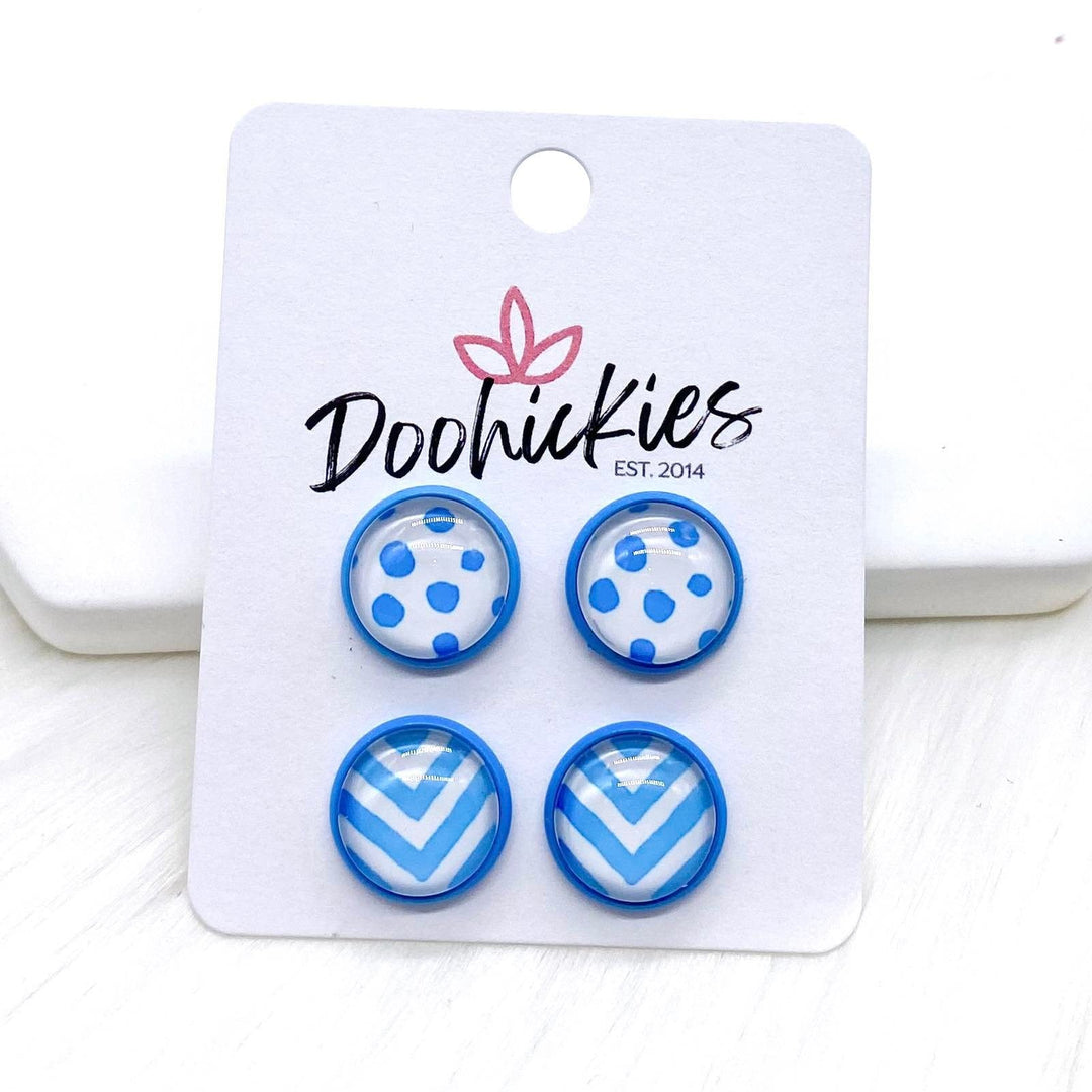 12mm Light Blue Doodle Dots & Chevrons in Light Blue Settings -Earrings-Earrings-Inspired by Justeen-Women's Clothing Boutique