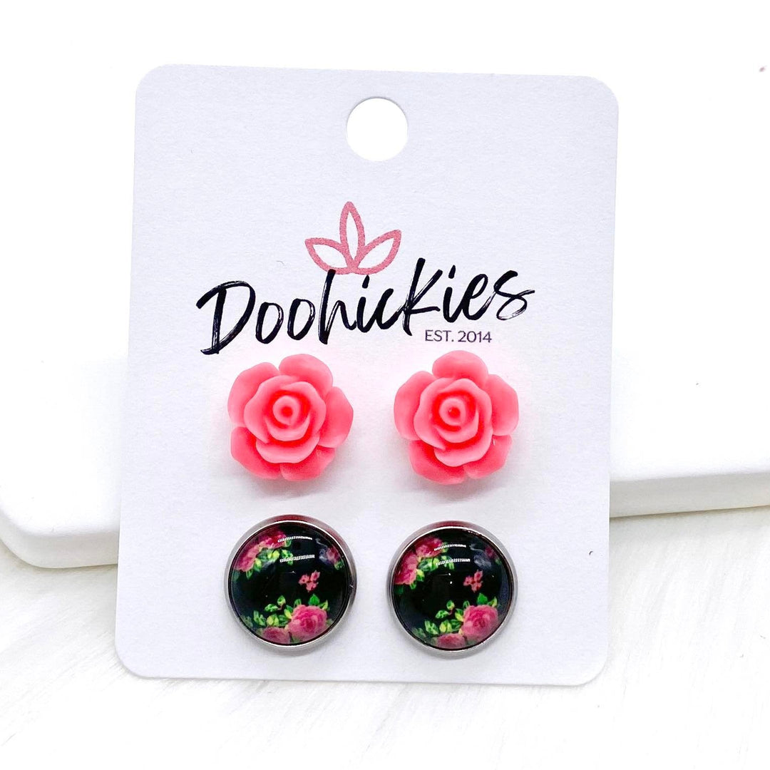 12mm Hot Pink Roses & Hot Pink Roses on Black in Stainless Steel Settings -Earrings-Earrings-Inspired by Justeen-Women's Clothing Boutique