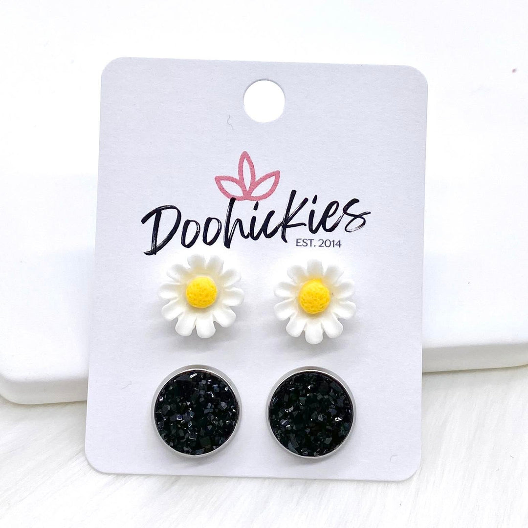 12mm Daisies & Black in Stainless Steel Settings -Earrings-Earrings-Inspired by Justeen-Women's Clothing Boutique