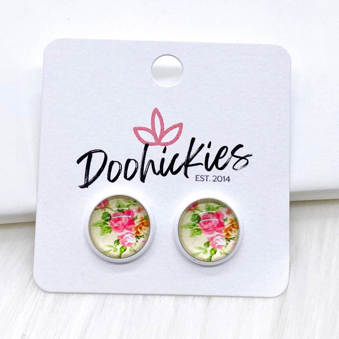 12mm Mint Floral in White Settings -Earrings-Earrings-Inspired by Justeen-Women's Clothing Boutique