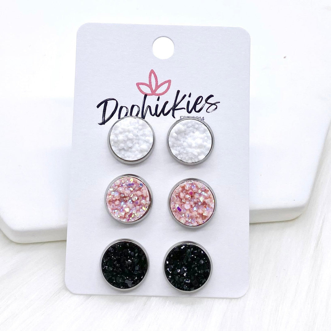 12mm White/Blush/Black in Stainless Steel Settings -Earrings-Earrings-Inspired by Justeen-Women's Clothing Boutique