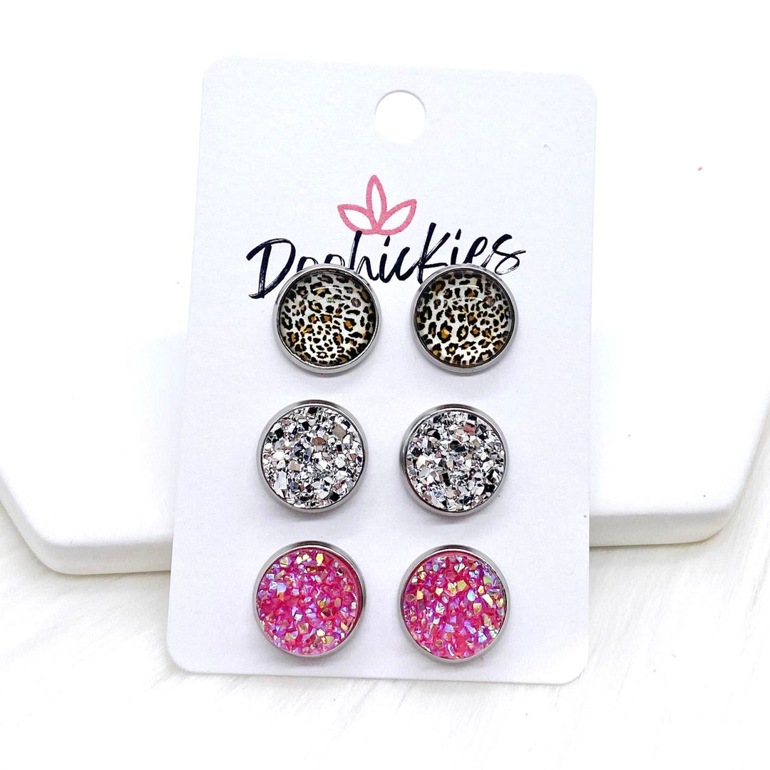 12mm Tan Leopard/Silver/Medium Pink in Stainless Steel-Earrings-Inspired by Justeen-Women's Clothing Boutique