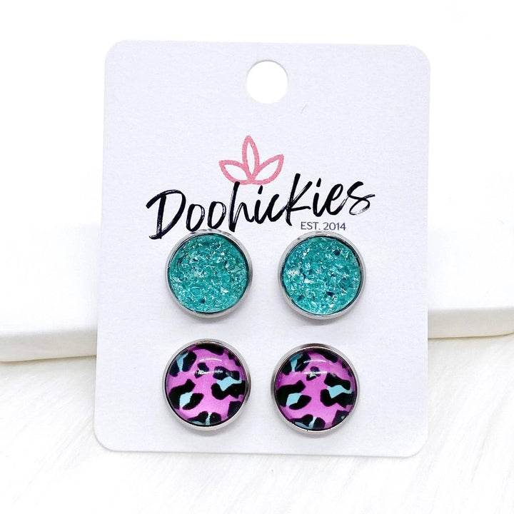 12mm Neon Leopard Duos in Stainless Steel Settings -Summer Earrings-Earrings-Inspired by Justeen-Women's Clothing Boutique