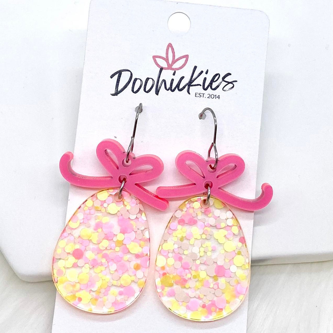 1.75" Pink Bow & Confetti Easter Egg Acrylics - Earrings-Inspired by Justeen-Women's Clothing Boutique