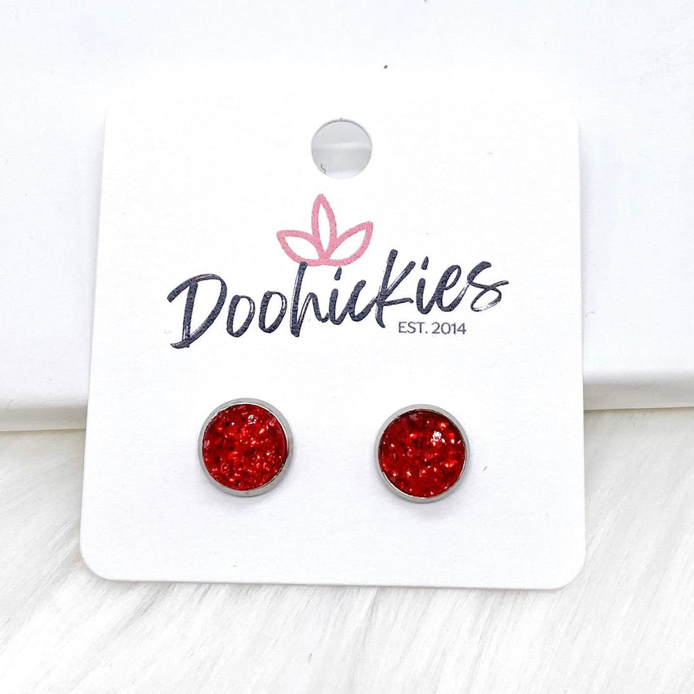 Red Sparkle Singles in Stainless Steel Settings -Earrings-Earrings-Inspired by Justeen-Women's Clothing Boutique