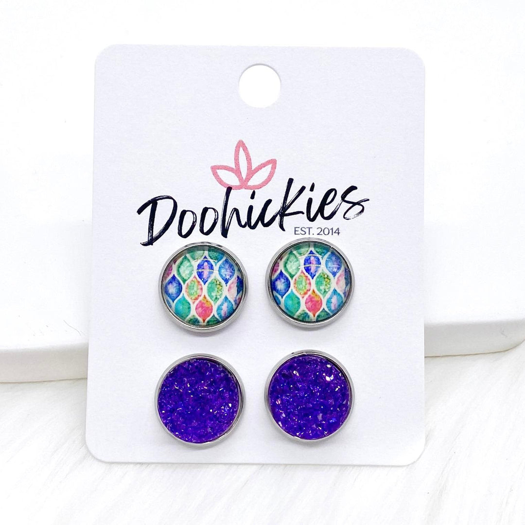 12mm Pastel Abstract & Deep Purple Sparkles in Stainless Steel Settings -Earrings-Earrings-Inspired by Justeen-Women's Clothing Boutique