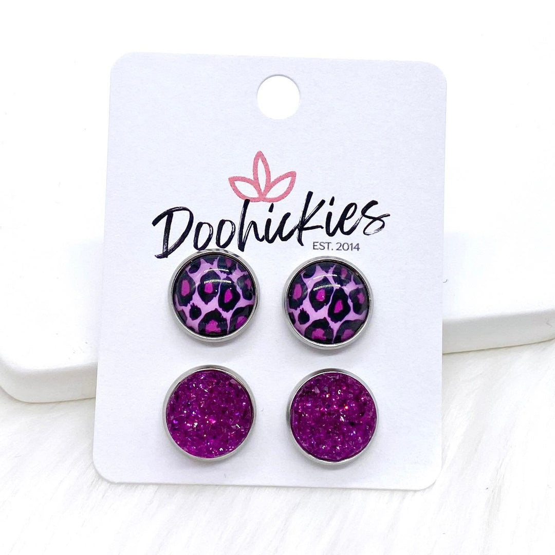 12mm Fuchsia Leopard & Fuchsia Sparkles in Stainless Steel Settings -Earrings-Earrings-Inspired by Justeen-Women's Clothing Boutique