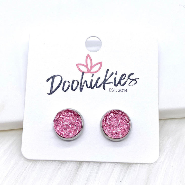 Pink Sparkle Singles in Stainless Steel Settings -Earrings-Earrings-Inspired by Justeen-Women's Clothing Boutique