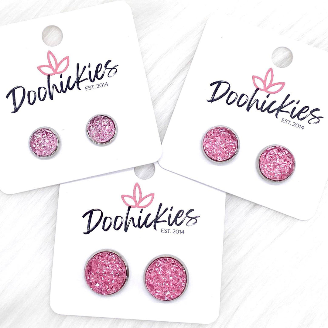 Pink Sparkle Singles in Stainless Steel Settings -Earrings-Earrings-Inspired by Justeen-Women's Clothing Boutique