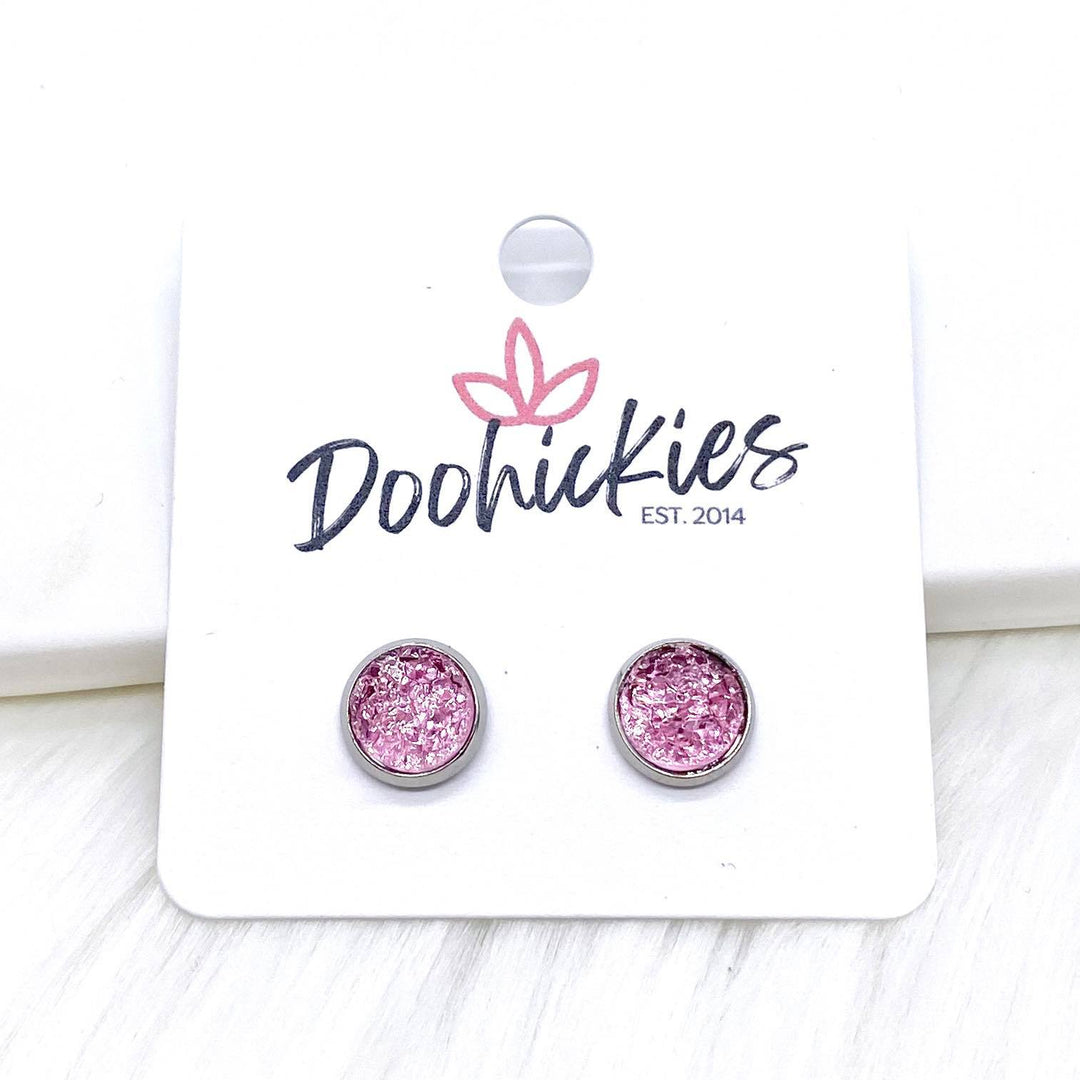 Pink Sparkle Singles in Stainless Steel Settings -Earrings-Earrings-Inspired by Justeen-Women's Clothing Boutique