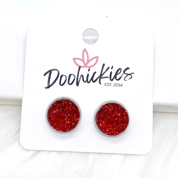 Red Sparkle Singles in Stainless Steel Settings -Earrings-Earrings-Inspired by Justeen-Women's Clothing Boutique