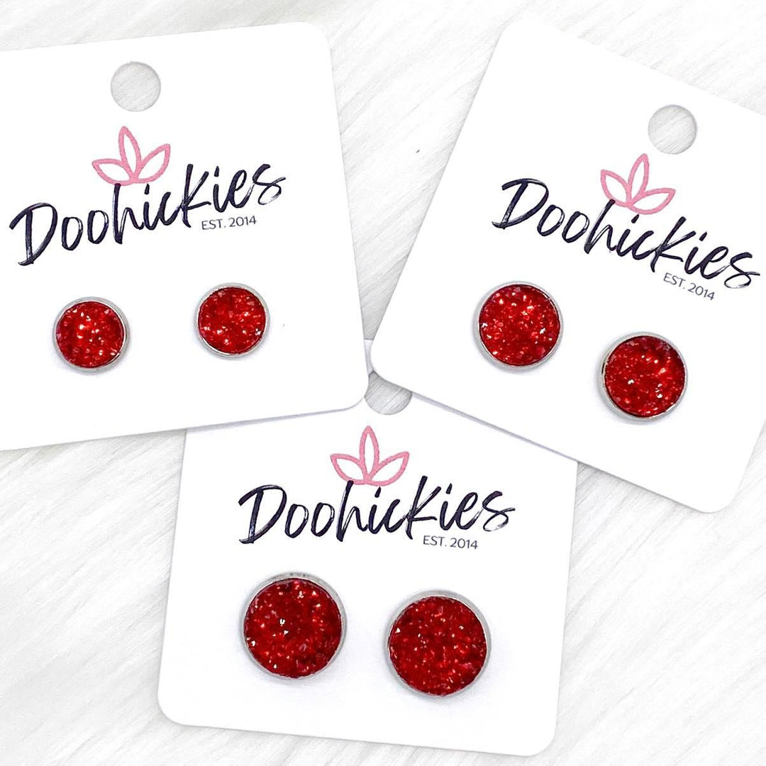 Red Sparkle Singles in Stainless Steel Settings -Earrings-Earrings-Inspired by Justeen-Women's Clothing Boutique