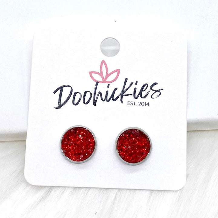 Red Sparkle Singles in Stainless Steel Settings -Earrings-Earrings-Inspired by Justeen-Women's Clothing Boutique