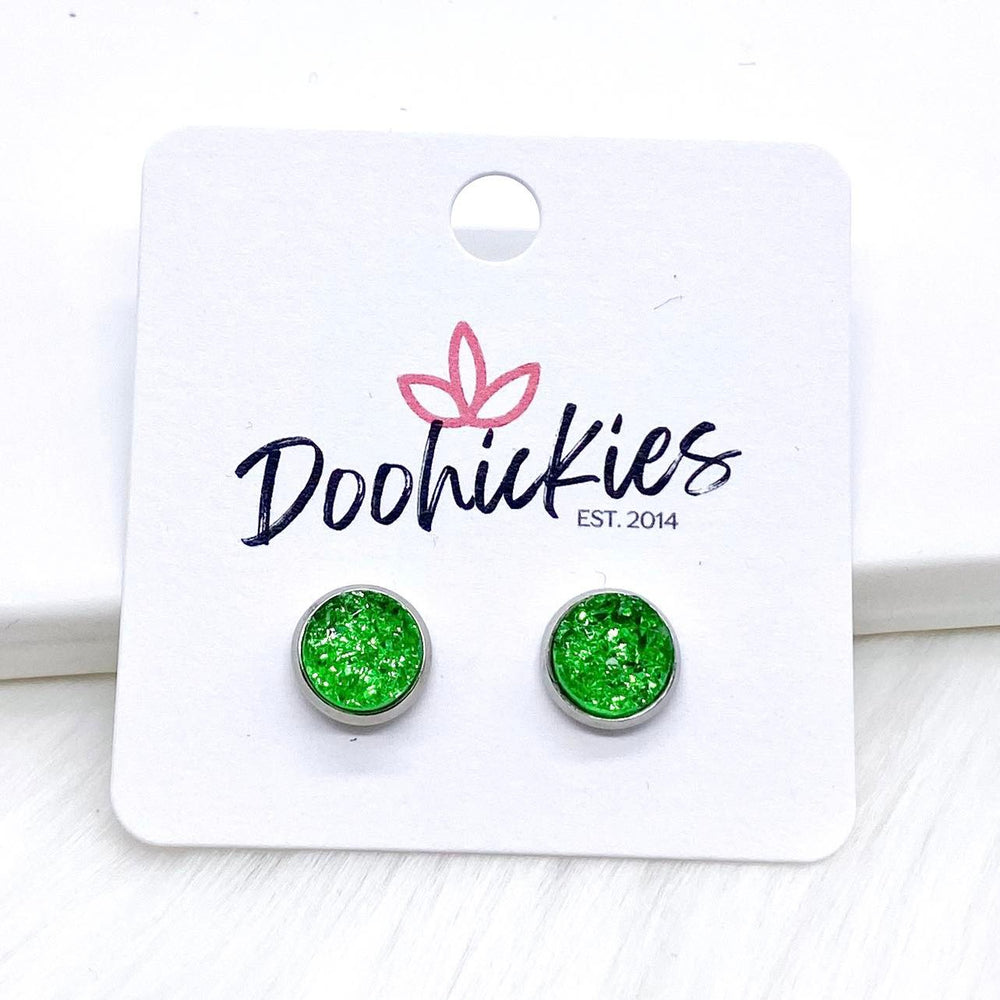 Green Sparkle Singles in Stainless Steel Settings -Earrings-Earrings-Inspired by Justeen-Women's Clothing Boutique