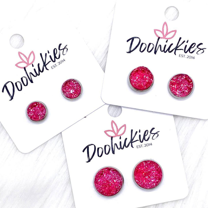 Hot Pink Sparkle Singles in Stainless Steel Settings -Earrings-Earrings-Inspired by Justeen-Women's Clothing Boutique