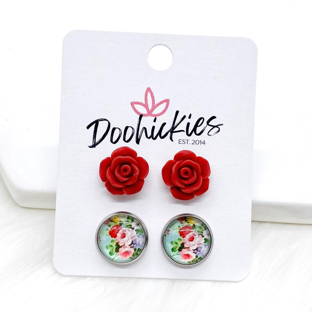 12mm Red Roses & Roses on Mint in Stainless Steel Settings -Earrings-Earrings-Inspired by Justeen-Women's Clothing Boutique