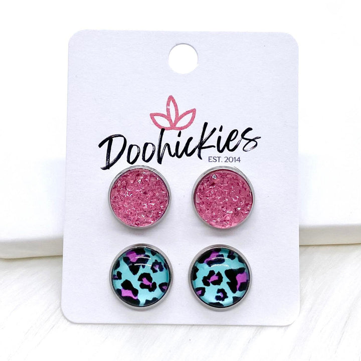 12mm Neon Leopard Duos in Stainless Steel Settings -Summer Earrings-Earrings-Inspired by Justeen-Women's Clothing Boutique