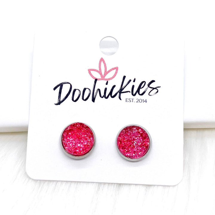 Hot Pink Sparkle Singles in Stainless Steel Settings -Earrings-Earrings-Inspired by Justeen-Women's Clothing Boutique