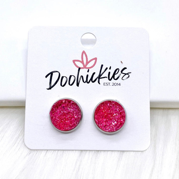 Hot Pink Sparkle Singles in Stainless Steel Settings -Earrings-Earrings-Inspired by Justeen-Women's Clothing Boutique