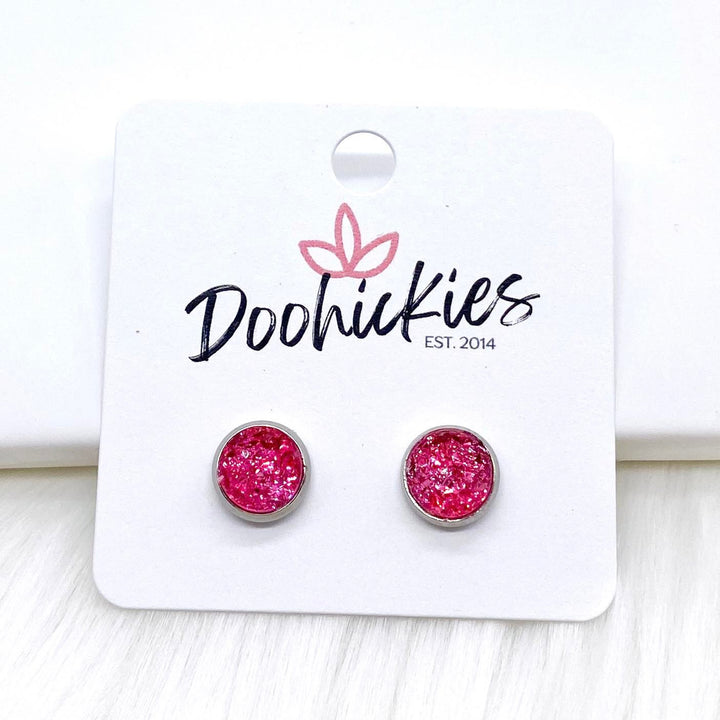 Hot Pink Sparkle Singles in Stainless Steel Settings -Earrings-Earrings-Inspired by Justeen-Women's Clothing Boutique