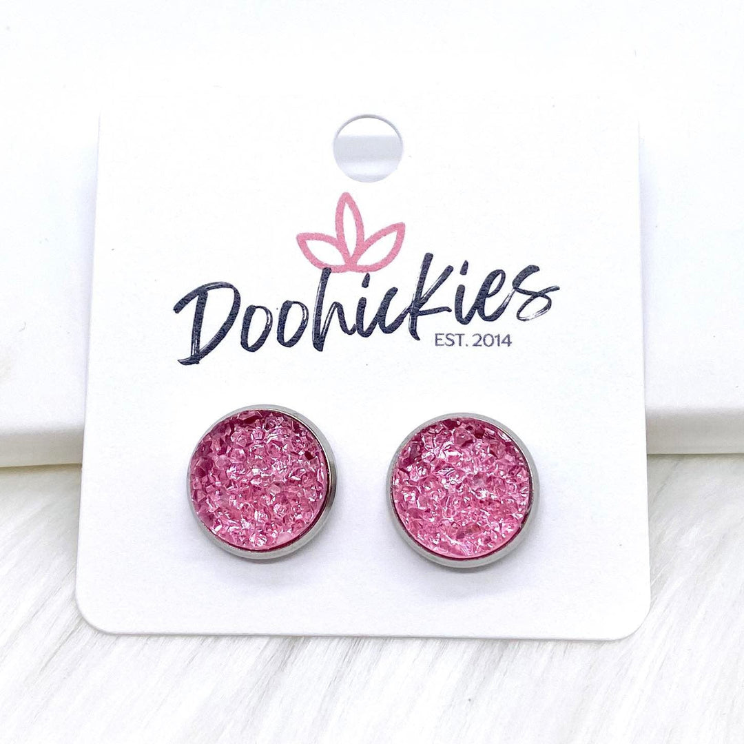 Pink Sparkle Singles in Stainless Steel Settings -Earrings-Earrings-Inspired by Justeen-Women's Clothing Boutique