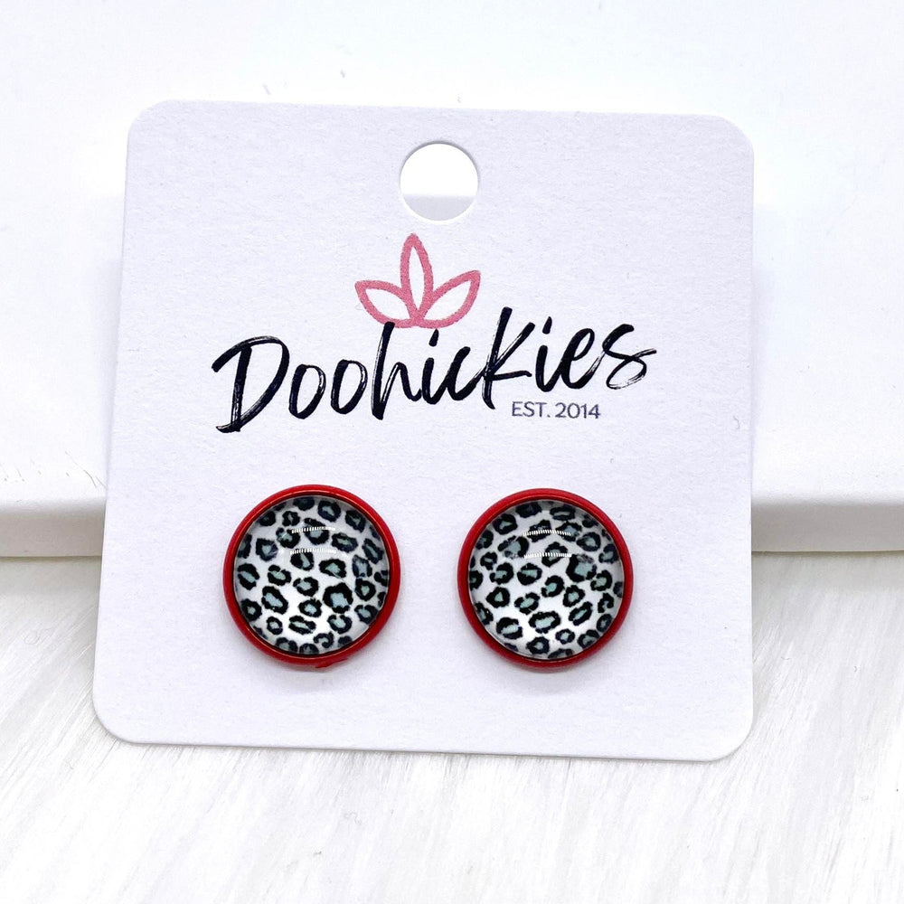 12mm Leopard Singles in Red Settings -Earrings-Earrings-Inspired by Justeen-Women's Clothing Boutique