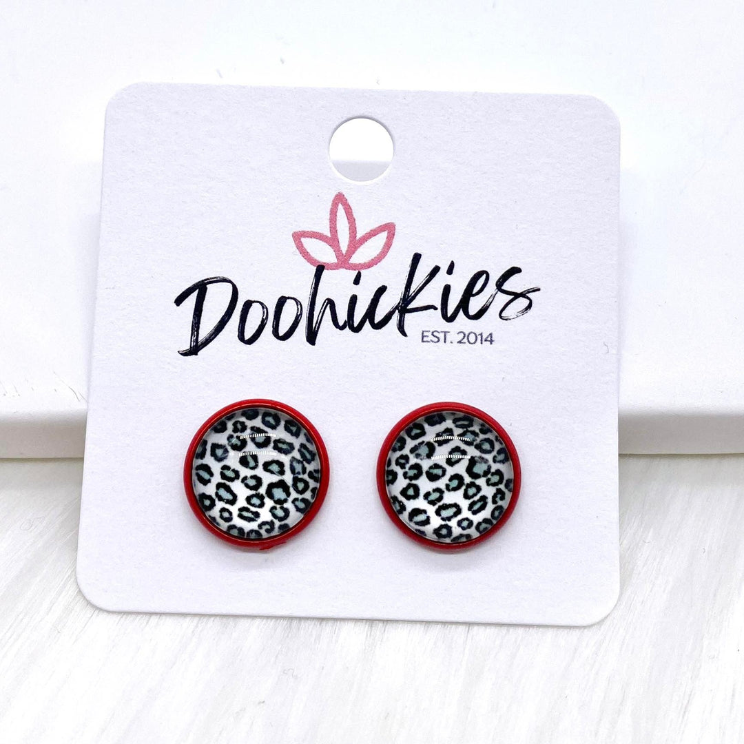 12mm Leopard Singles in Red Settings -Earrings-Earrings-Inspired by Justeen-Women's Clothing Boutique