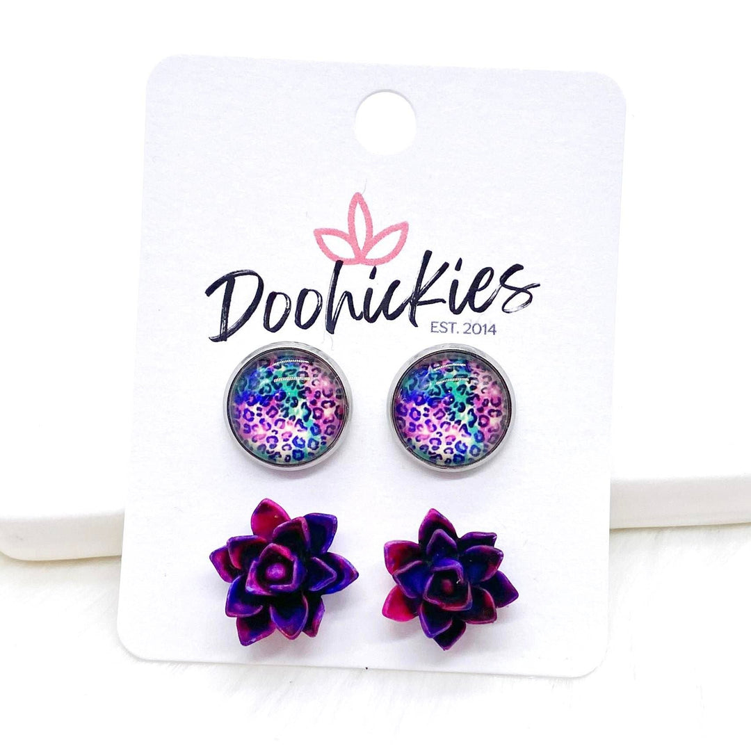 12mm Bright Leopard & Magenta Succulents in Stainless Steel Settings -Stud Earrings-Earrings-Inspired by Justeen-Women's Clothing Boutique