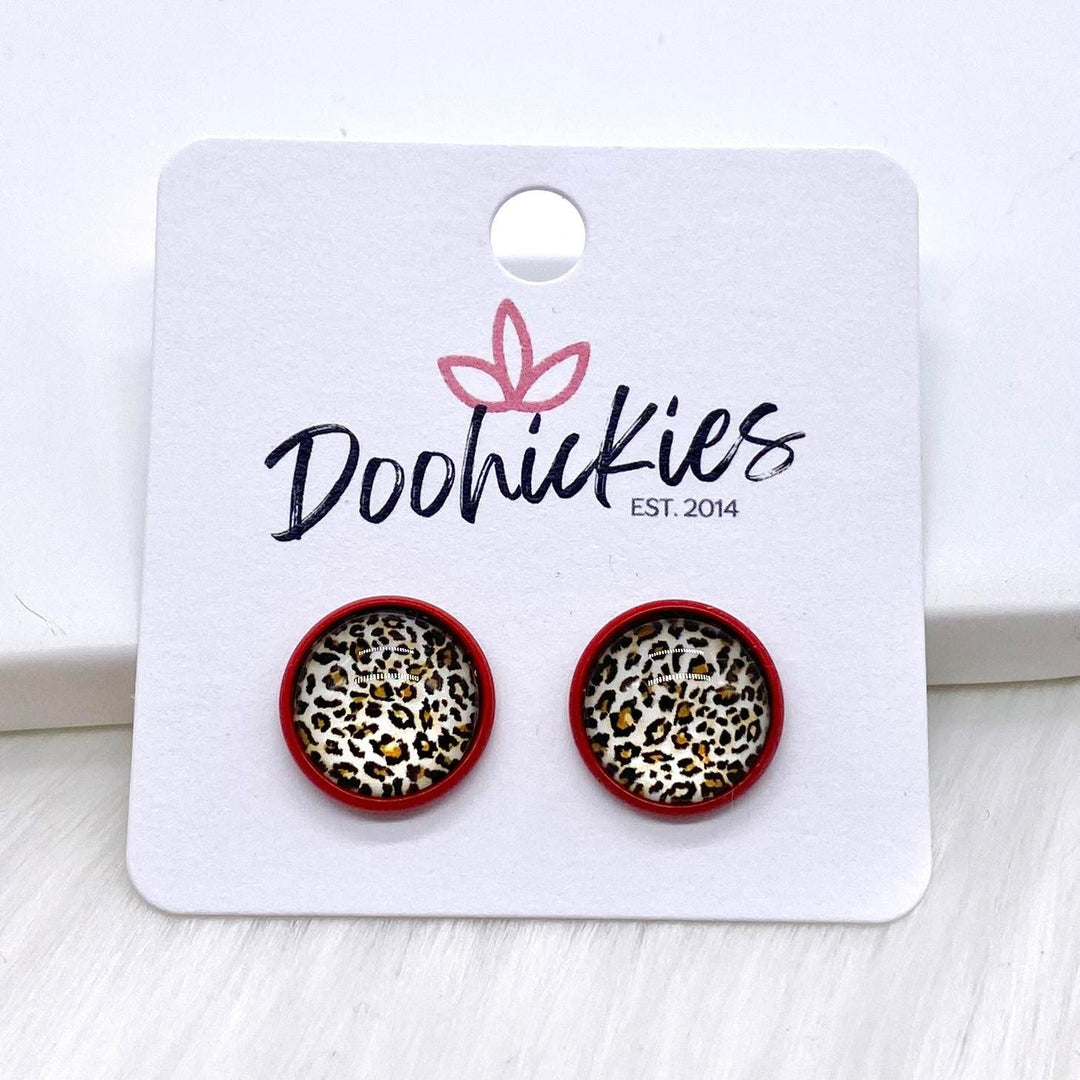 12mm Leopard Singles in Red Settings -Earrings-Earrings-Inspired by Justeen-Women's Clothing Boutique