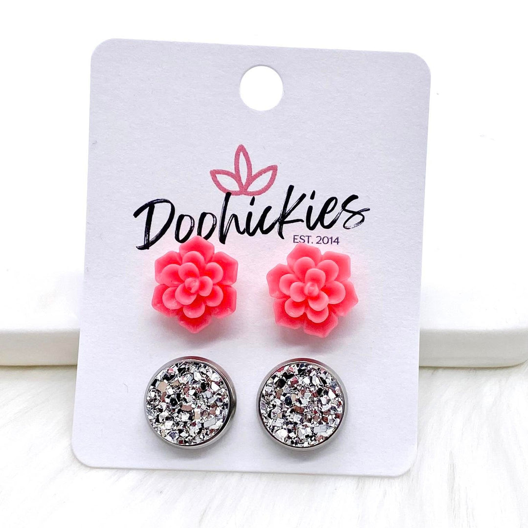 12mm Hot Pink Succulents & Silver in Stainless Steel Settings -Earrings-Earrings-Inspired by Justeen-Women's Clothing Boutique