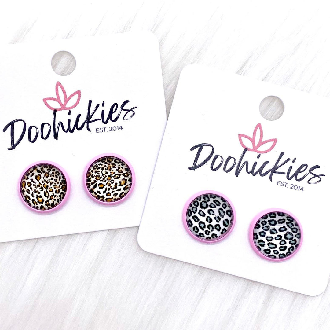 12mm Leopard Singles in Bright Pink Settings -Earrings-Earrings-Inspired by Justeen-Women's Clothing Boutique