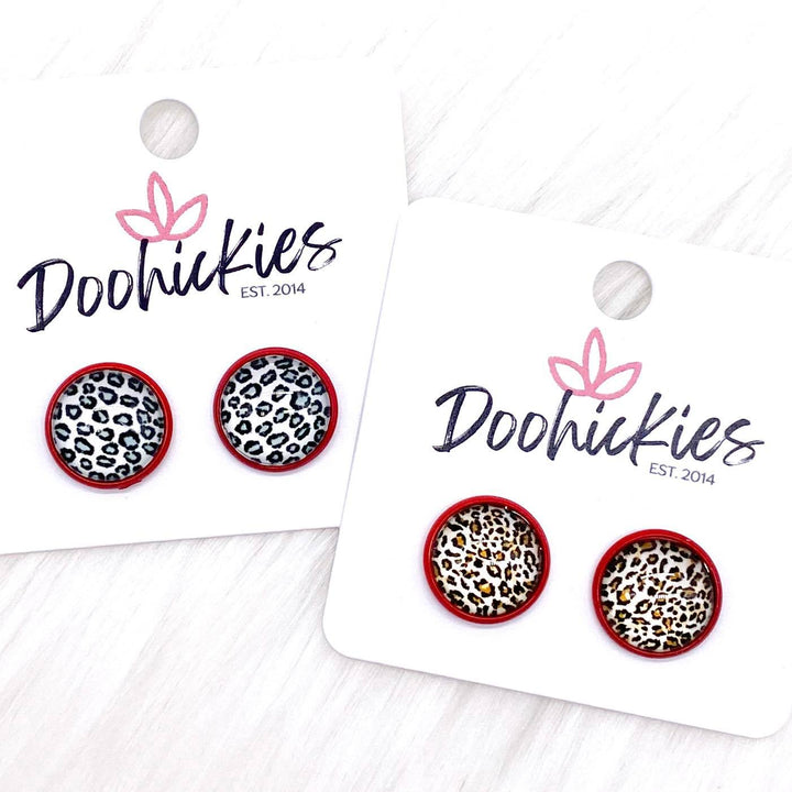 12mm Leopard Singles in Red Settings -Earrings-Earrings-Inspired by Justeen-Women's Clothing Boutique