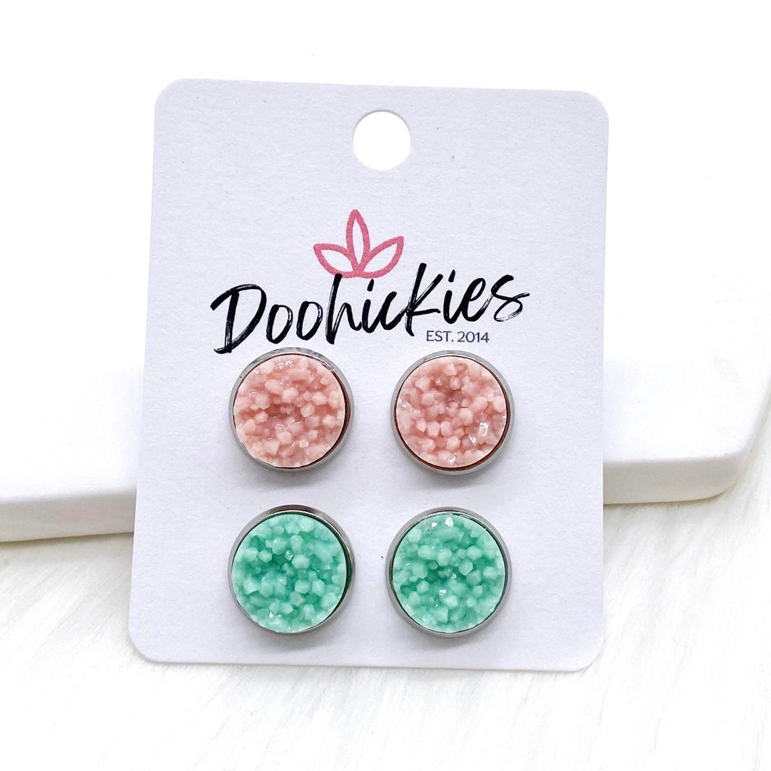 12mm Pastel Pink Shimmer & Pastel Mint Shimmer in Stainless Steel Settings -Earrings-Earrings-Inspired by Justeen-Women's Clothing Boutique