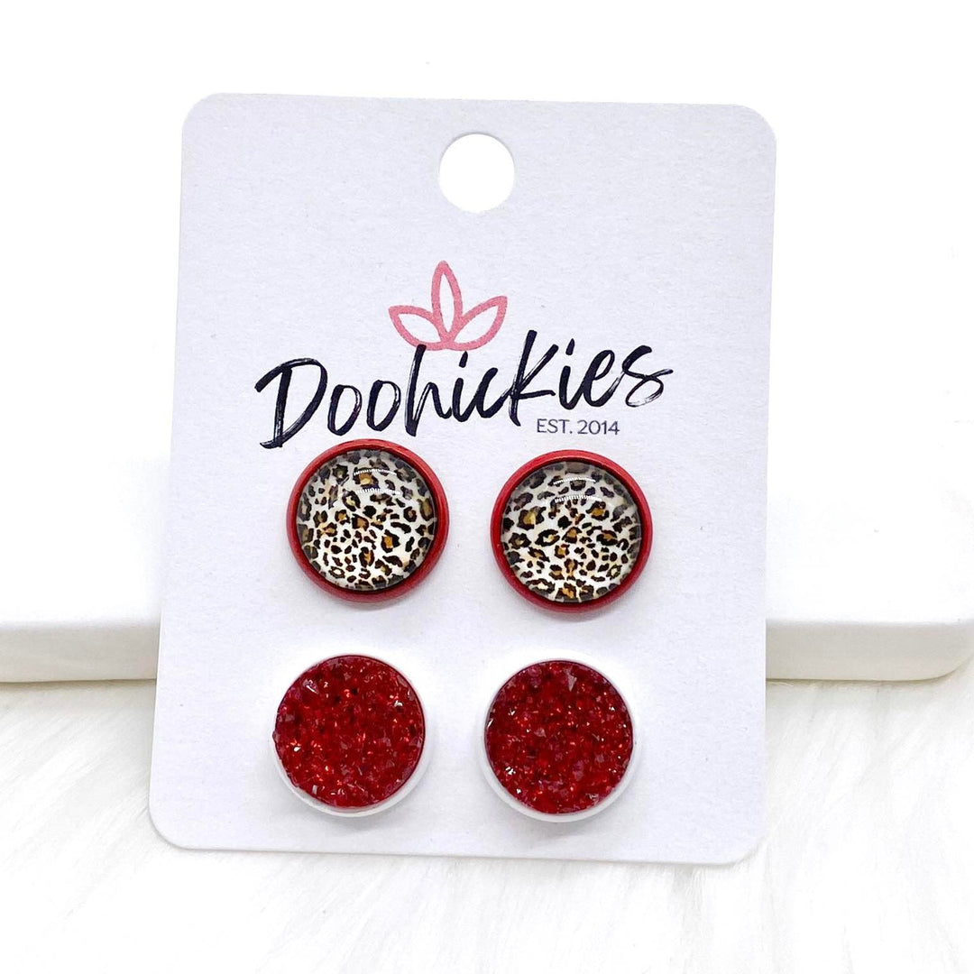 12mm Tan Leopard & Red Sparkles in Red/White Settings -Earrings-Earrings-Inspired by Justeen-Women's Clothing Boutique