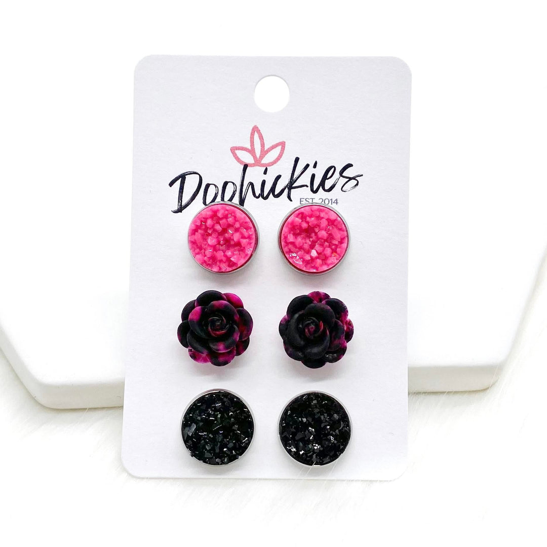 12mm Pink Crystals/Pink & Black Roses/Black in Stainless Steel Settings -Earrings-Earrings-Inspired by Justeen-Women's Clothing Boutique