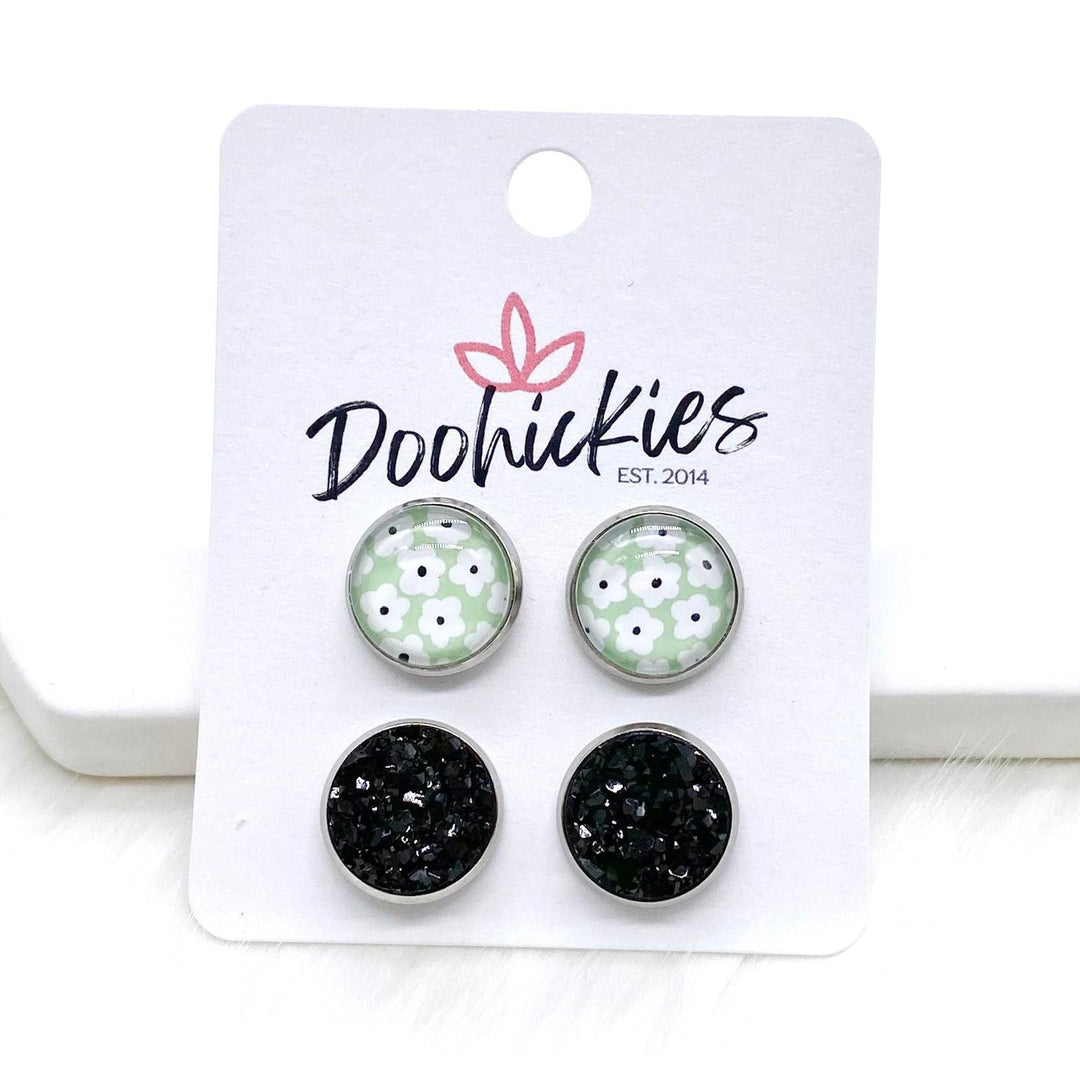 12mm Sage Daisies & Black in Stainless Steel Settings -Earrings-Earrings-Inspired by Justeen-Women's Clothing Boutique