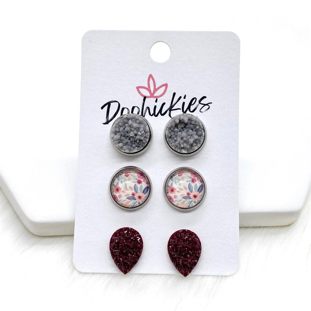 12mm Grey Shimmer/Pink & Grey Floral/Burgundy Teardrops in Stainless Steel Settings -Earrings-Earrings-Inspired by Justeen-Women's Clothing Boutique